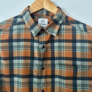 Flylow Shirt Mens Small Orange Plaid Snap Front Performance Short Sleeve Hiking